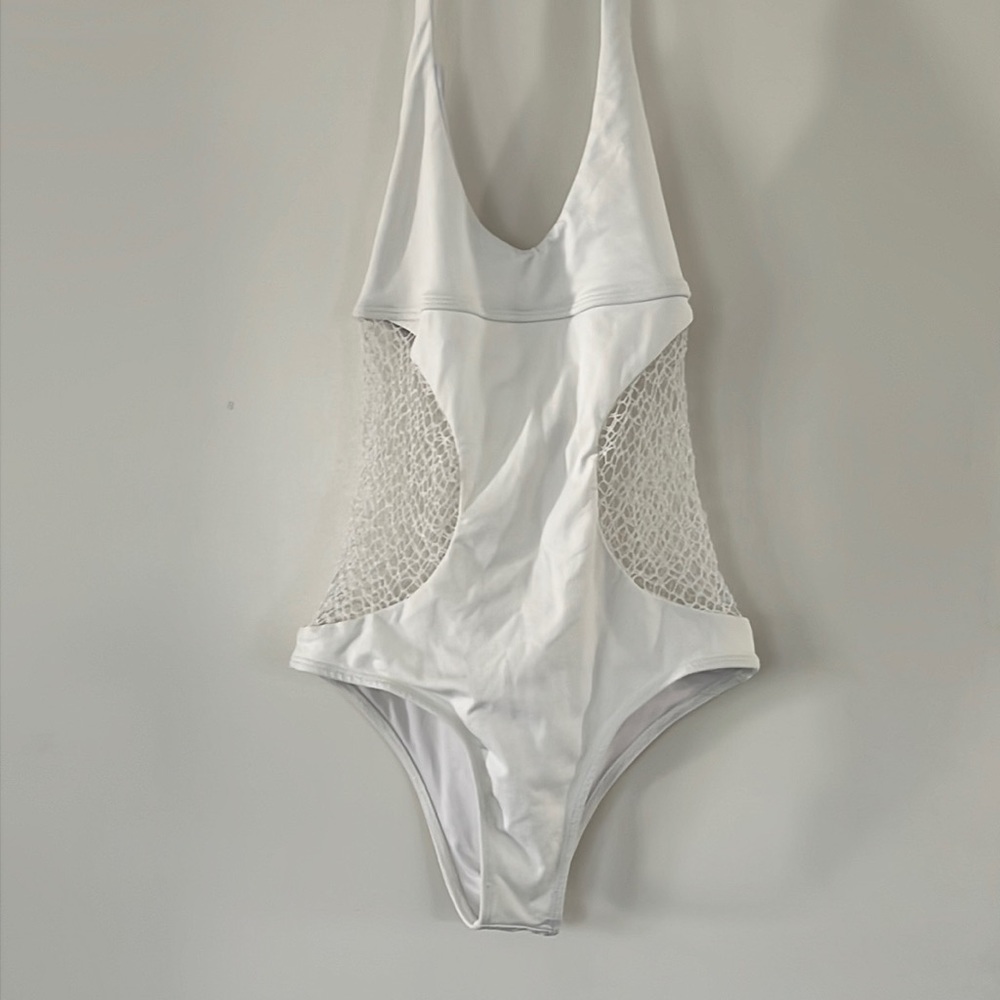 Uia Swimwear White One Piece Mesh Fishnet Swim Suit LARGE Cutout Party